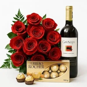Buquê de Rosas com Vinho e Chocolate – Afinidades Deliciosas
