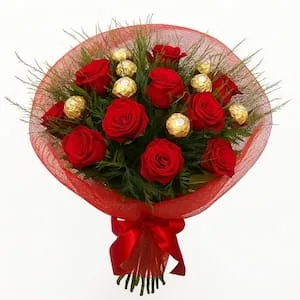 Buquê de Rosas e Ferrero Rocher – Encantadora Sedução