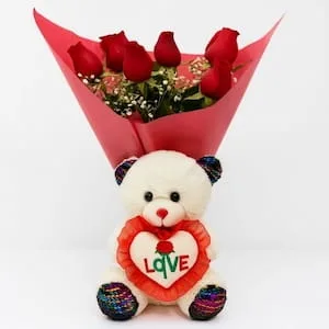 Buquê de Rosas Nacionais com Pelúcia – Momento Fofura