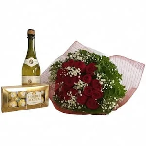 Buquê de Rosas, Vinho e Chocolates – Momento Marcante