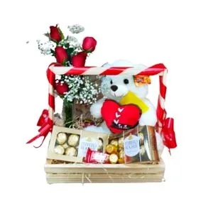 Cesta de Chocolate com Rosas e Pelúcia