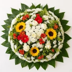 Coroa de Flores com Girassóis, Rosas Brancas e Gérberas Vermelhas
