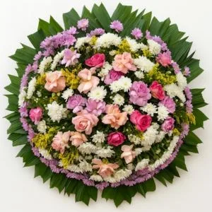 Coroa de Flores com Rosas e Margaridas em Tons de Rosa e Branco