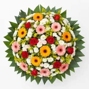 Coroa de Flores com Rosas, Gérberas e Crisântemos – Homenagem Elegante