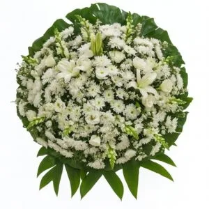 Coroa Fúnebre de Flores Brancas com Lírios, Rosas e Crisântemos