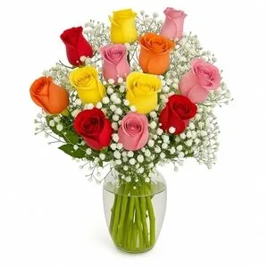 Arranjo de 15 Rosas Colorida no Vaso
