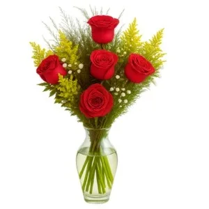 Arranjo de 5 Rosas Vermelha no Vaso de Vidro