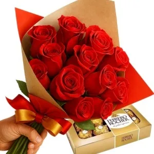 Buquê Compacto de 12 Rosas Vermelhas com Ferrero Rocher de 8un.