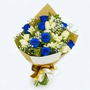 Buquê de 12 Rosas Branca e Azul