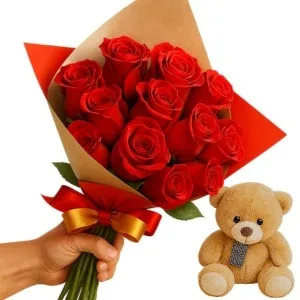 Buquê de 12 Rosas Vermelha com Pelúcia Média