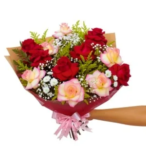 Buquê de 12 Rosas Vermelha e Rosada Importada