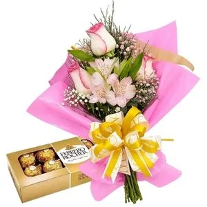 Ramalhete de 3 Rosas Rosadas com Chocolate