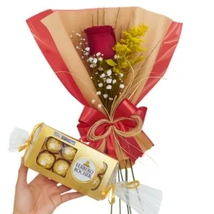 Rosa Vermelha Solitária com Ferrero Rocher