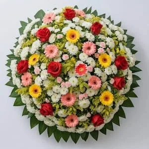 Coroa de Flores Mista Redonda com Rosas, Gérberas e Crisântemos