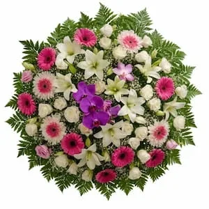 Coroa de Flores Redonda com Lírios, Orquídeas e Gérberas
