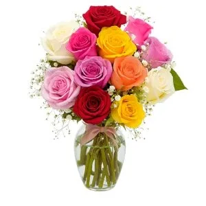 Arranjo de 12 Rosas Colorida no Vaso de Vidro