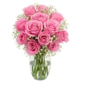 Arranjo de 12 Rosas Rosada no Vaso de Vidro