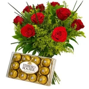Buquê 10 Rosas Vermelha e Ferrero Rocher