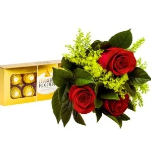 Buquê 3 Rosas Vermelha e Ferrero Rocher 8 un.