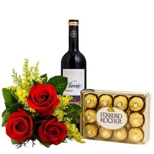 Buquê 3 Rosas Vermelha, Vinho e Ferrero Rocher