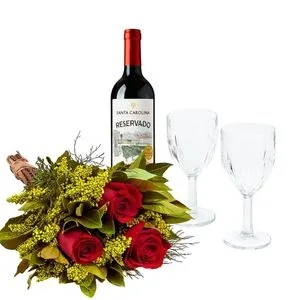 Buquê 3 Rosas Vermelha, Vinho e Taças