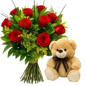 Buquê com 10 Rosas Vermelha e Pelúcia