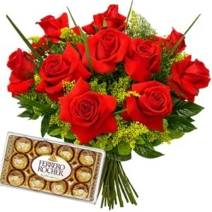 Buquê de 10 Rosas Vermelha Colombiana e Ferrero
