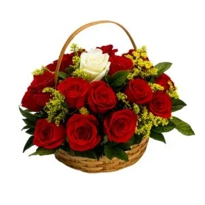 Cesta com 15 Rosas Vermelha e 1 Branca