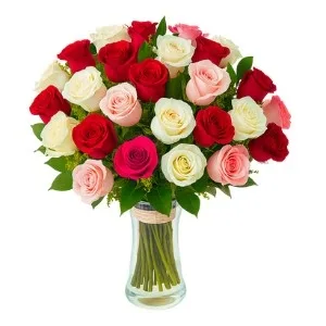 Arranjo com 28 Rosas colorida no Vaso de Vidro