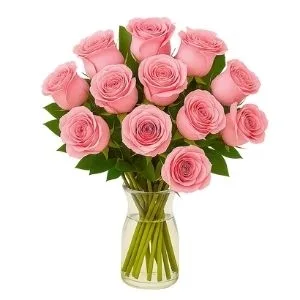 Arranjo de 12 Rosas Rosada no Vaso de Vidro