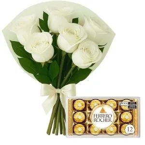 Buquê com 6 Rosas Branca com Chocolate