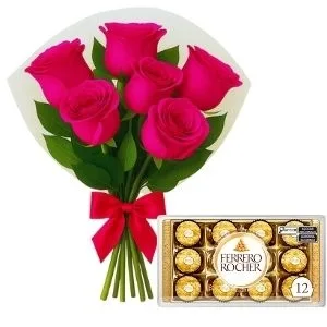 Buquê com 6 Rosas Pink com chocolate