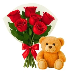 Buquê com 6 Rosas Vermelha com Pelúcia