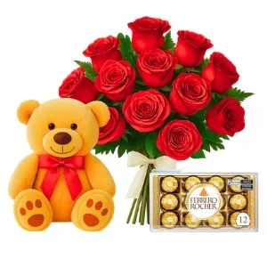 Buquê de 12 Rosas Vermelha com Chocolate e Pelúcia