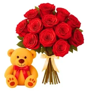 Buquê de 12 Rosas Vermelha com Pelúcia