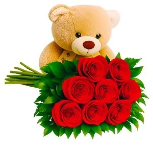 Buquê de 8 Rosas Vermelha com Pelúcia