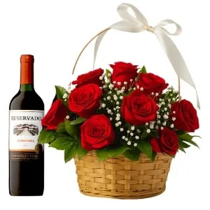Cesta de Rosas Vermelhas com Vinho