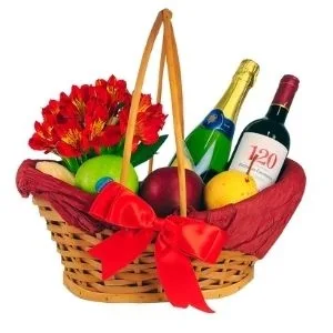 Cesta Delícias com Queijos e Vinhos e Frutas