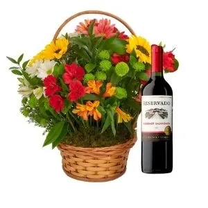 Cesta Luxo de Flores com Vinho