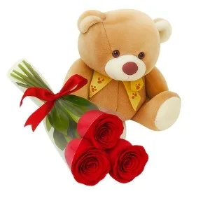 Ramalhete de 3 Rosas Vermelha com Pelúcia