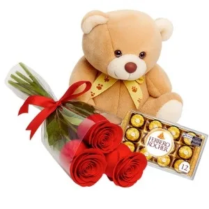 Ramalhete de Rosas Vermelha com pelúcia e Ferrero Rocher