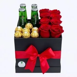 Box Presente com Rosas Vermelhas, Ferrero Rocher e Heineken