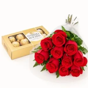 Buquê com 10 Rosas Vermelhas e Caixa de Ferrero Rocher