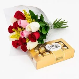 Buquê com 12 Rosas Vermelhas, Brancas e Rosas com Ferrero Rocher