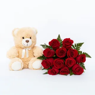 Buquê com 12 Rosas Vermelhas e Ursinho de Pelúcia