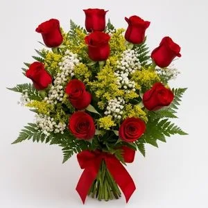 Buquê de 12 Rosas Vermelhas com Gypsophila e Tango