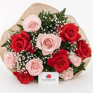 Buquê de 12 Rosas Vermelhas e Rosas
