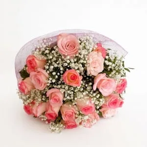 Buquê de 20 Rosas Rosadas com Gipsofila