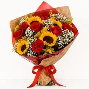 Buquê de Girassóis com Rosas Vermelhas