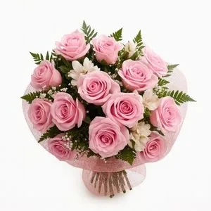 Buquê de Rosas Rosadas com Astromélias Brancas